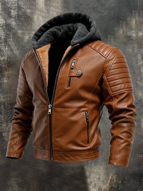 LEATHER-EFFECT ZIP JACKET WITH LINED HOOD